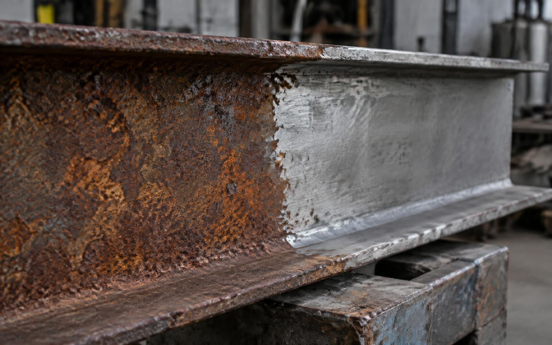 Rusted steel beam with part of its surface cleaned back to bare metal