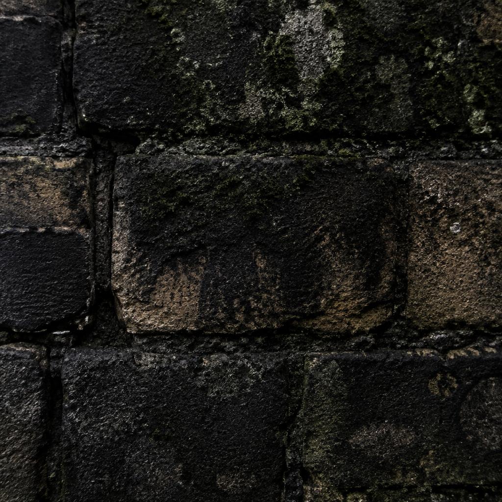 Soot-blackened stone wall with heavy atmospheric soiling and biological growth.