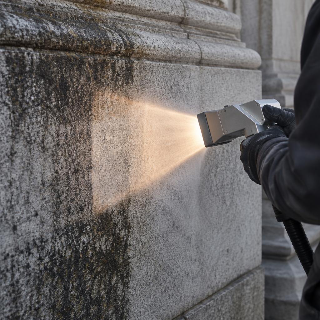 Laser cleaning head sweeping a wide, fanned beam across a soiled stone wall.