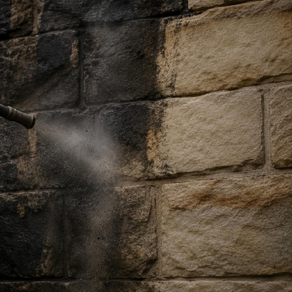Dark soiling breaking away from stone as fine particles and vapour.