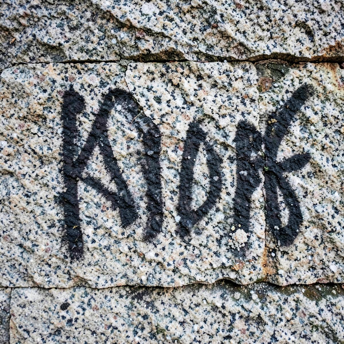 Black spray-paint graffiti tag on a rough granite wall